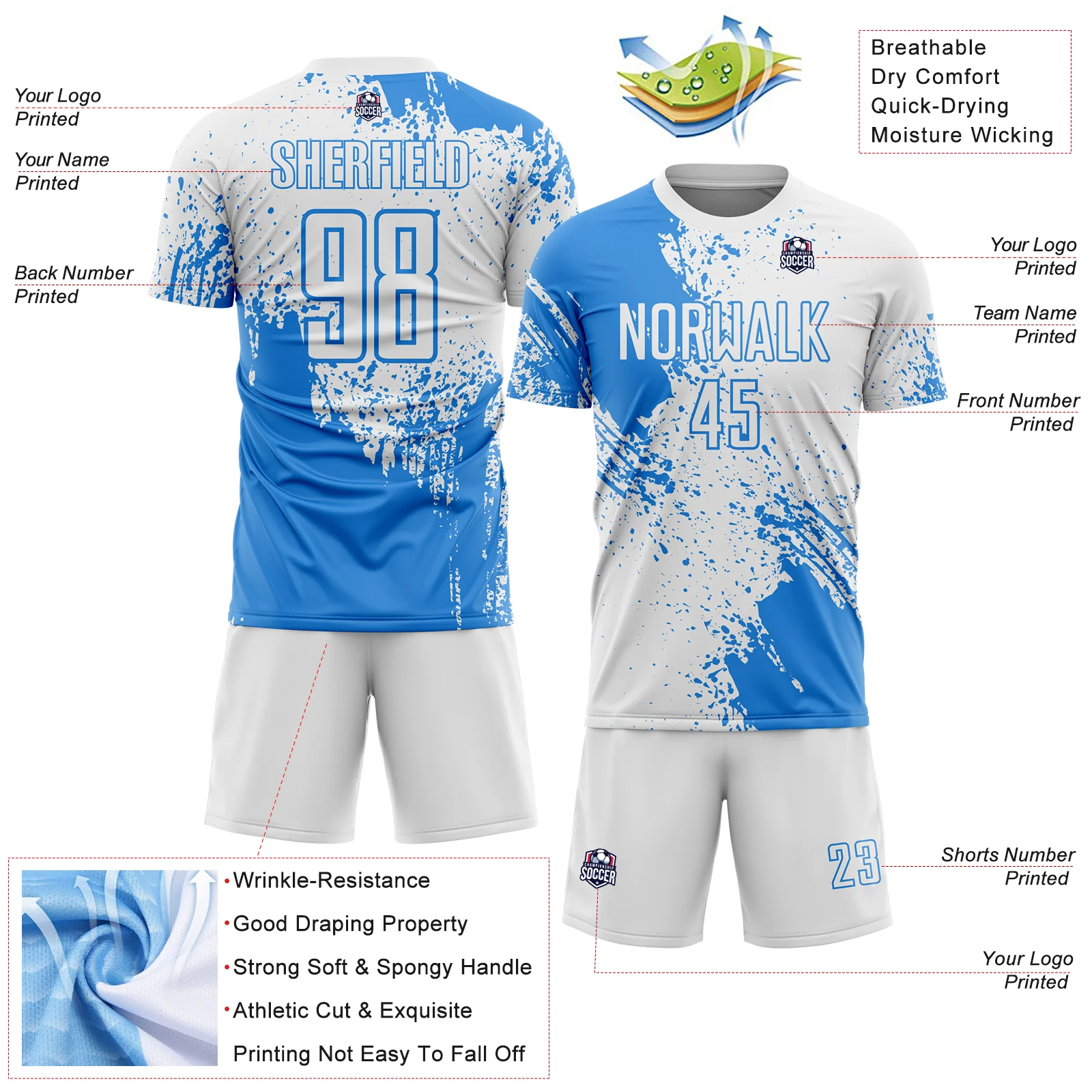 Custom White Powder Blue Abstract Brush Stroke Sports Sublimation Soccer Uniform Jersey - Image 4