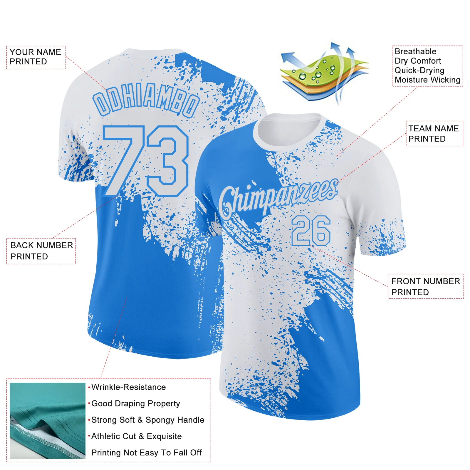 Custom White Powder Blue 3D Pattern Design Abstract Brush Stroke Performance T-Shirt - Image 2
