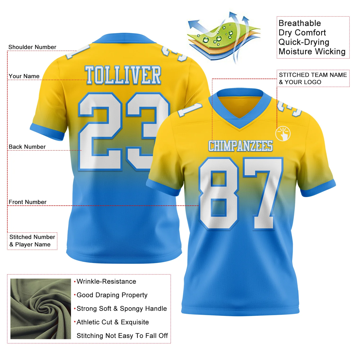 Custom Yellow White-Powder Blue Authentic Fade Fashion Football Jersey - Image 2