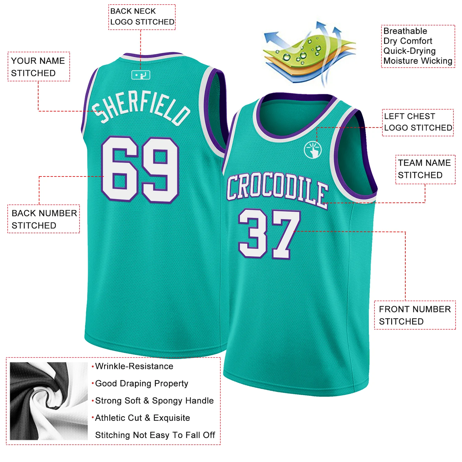 Custom Aqua White-Purple Authentic Basketball Jersey - Image 2