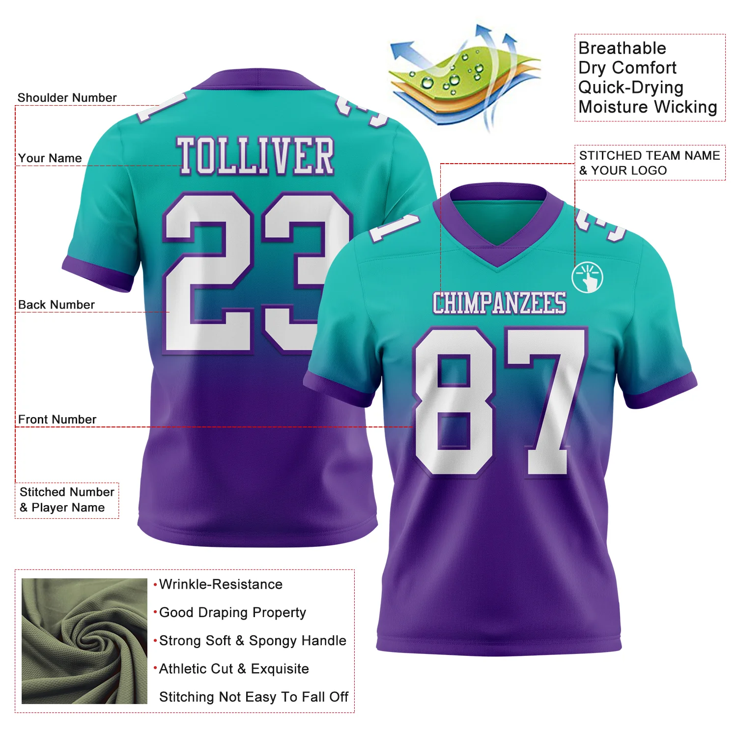 Custom Aqua White-Purple Authentic Fade Fashion Football Jersey - Image 2