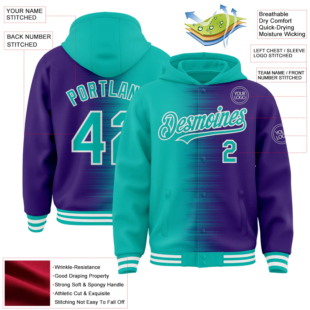Custom Aqua Purple-White Gradient Line Bomber Full-Snap Varsity Letterman Hoodie Jacket - Image 4