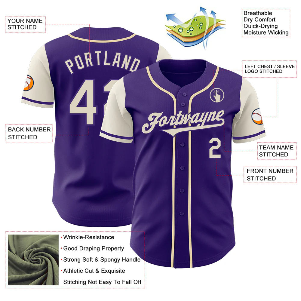 Custom Purple Cream Authentic Two Tone Baseball Jersey - Image 3