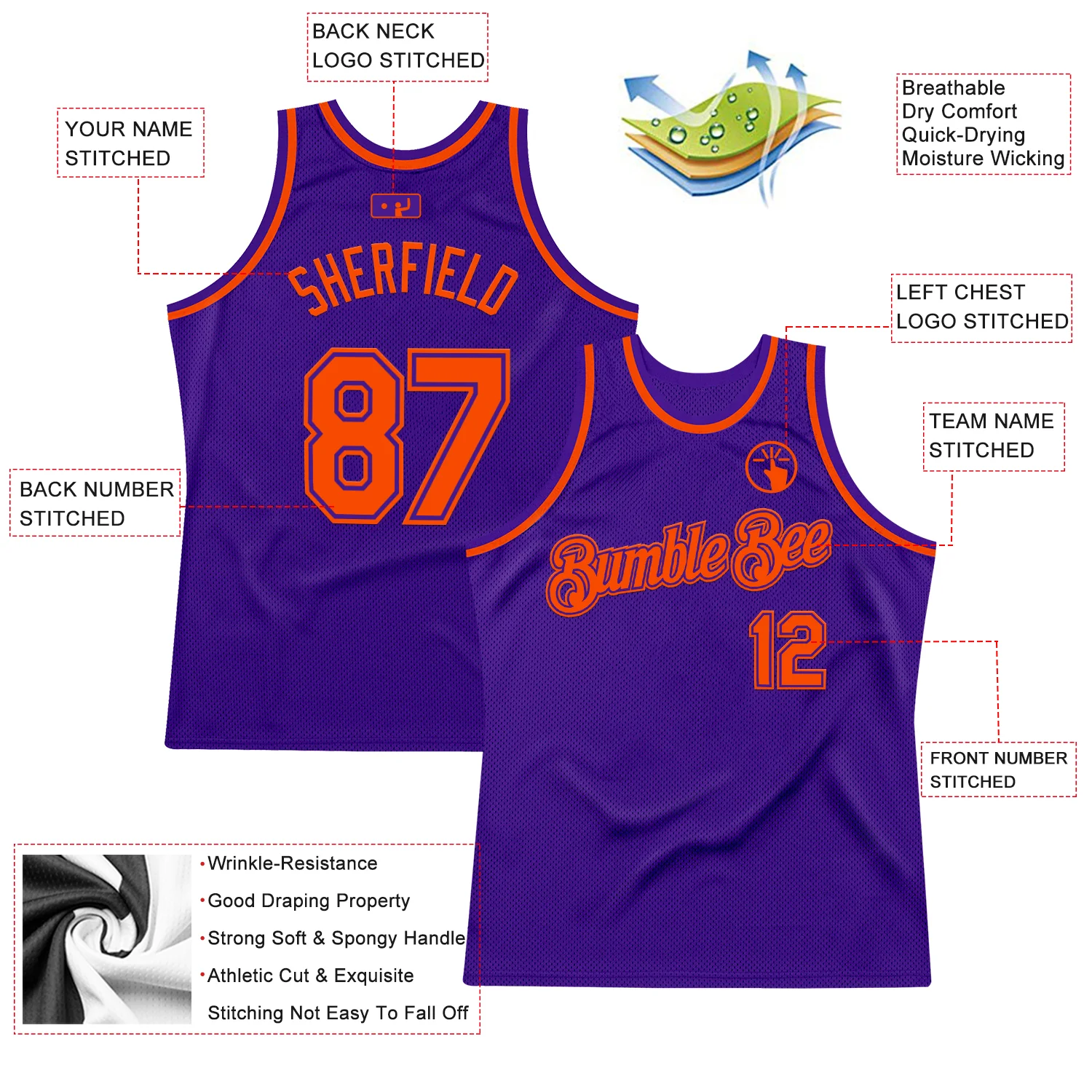 Custom Purple Orange Authentic Throwback Basketball Jersey - Image 2