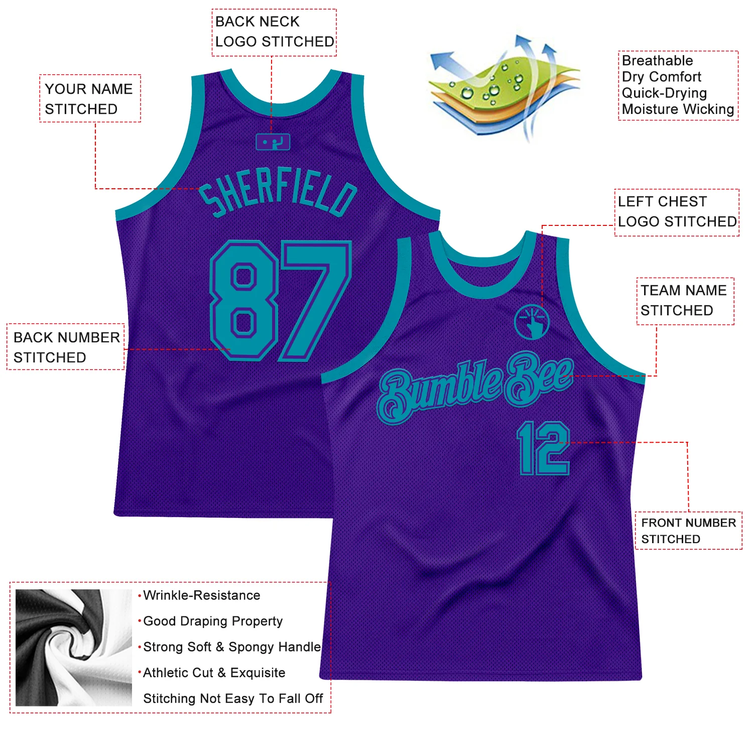 Custom Purple Teal Authentic Throwback Basketball Jersey - Image 2