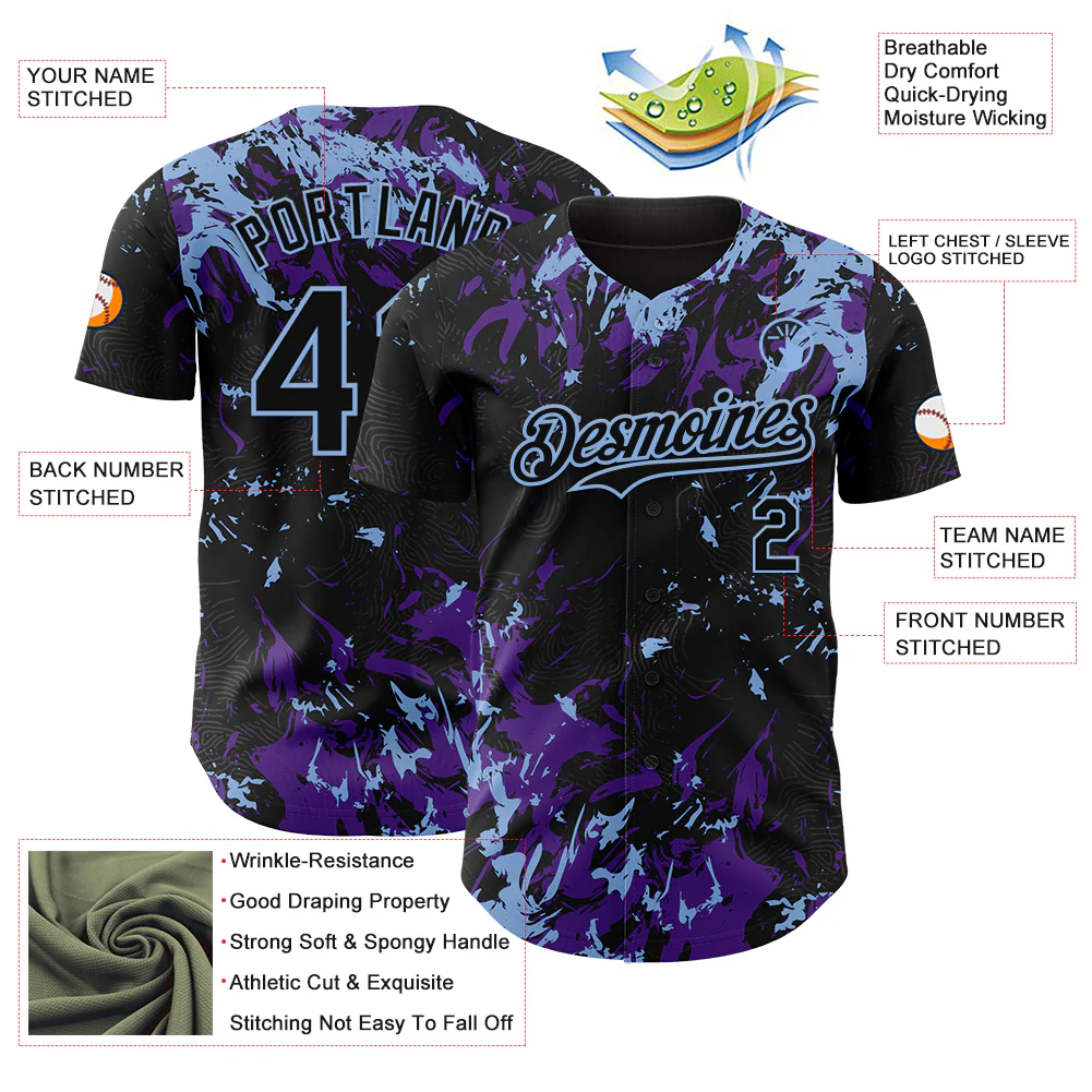 Custom Black Purple-Light Blue Splash Authentic Baseball Jersey - Image 3