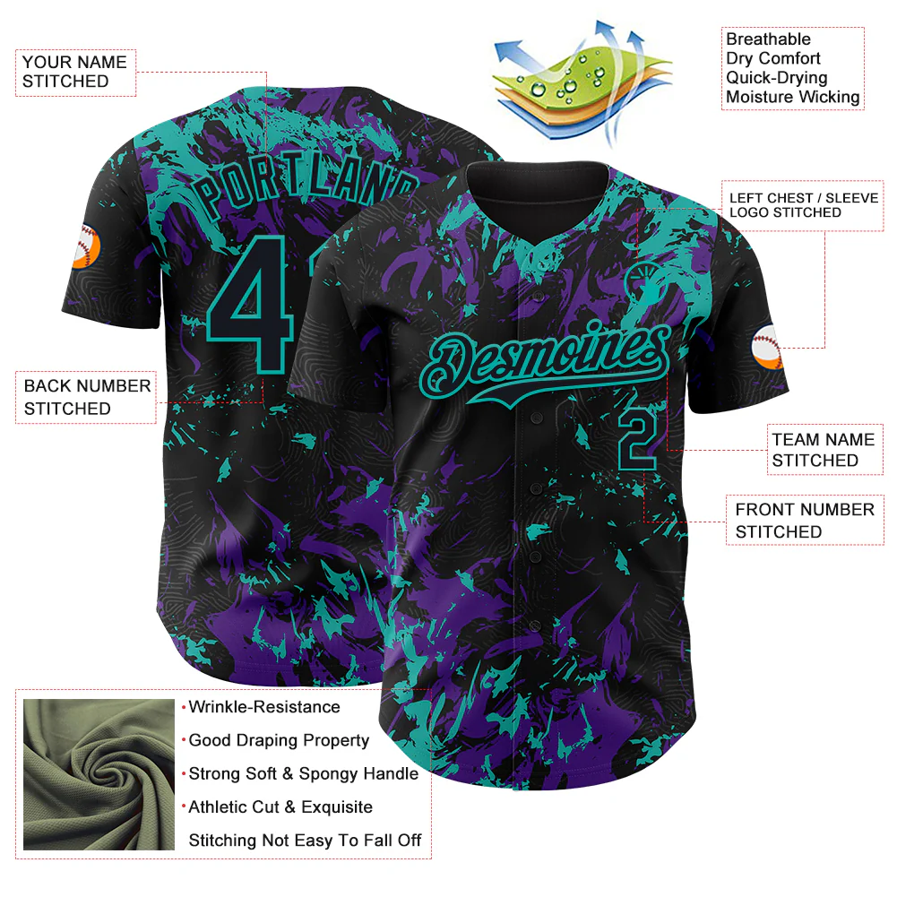 Custom Black Purple-Aqua Splash Authentic Baseball Jersey - Image 3