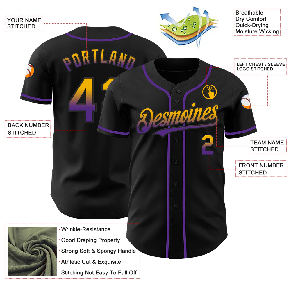 Custom Black Gold-Purple Authentic Fade Fashion Baseball Jersey - Image 3