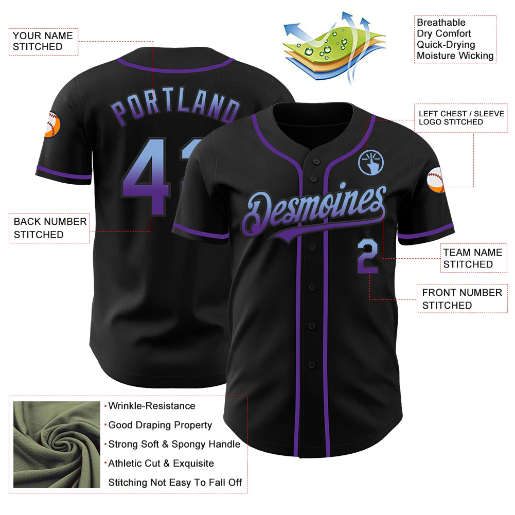 Custom Black Light Blue-Purple Authentic Fade Fashion Baseball Jersey - Image 3