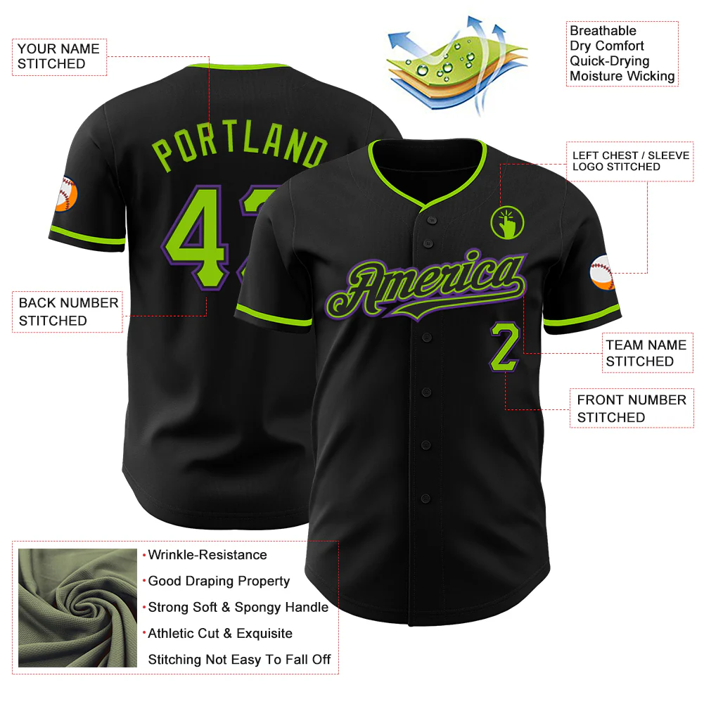 Custom Black Neon Green-Purple Authentic Baseball Jersey - Image 3
