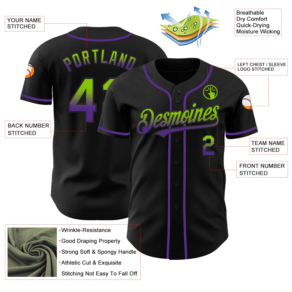 Custom Black Neon Green-Purple Authentic Fade Fashion Baseball Jersey - Image 3