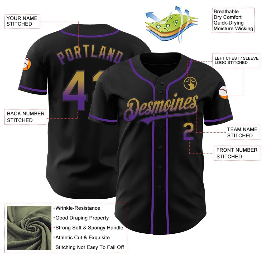 Custom Black Old Gold-Purple Authentic Fade Fashion Baseball Jersey - Image 3