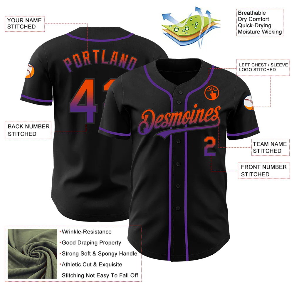 Custom Black Orange-Purple Authentic Fade Fashion Baseball Jersey - Image 3