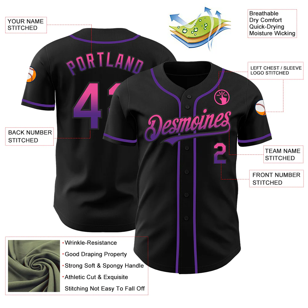 Custom Black Pink-Purple Authentic Fade Fashion Baseball Jersey - Image 3