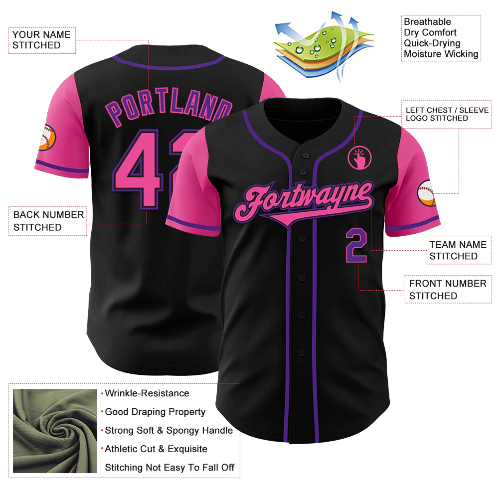 Custom Black Pink-Purple Authentic Two Tone Baseball Jersey - Image 3