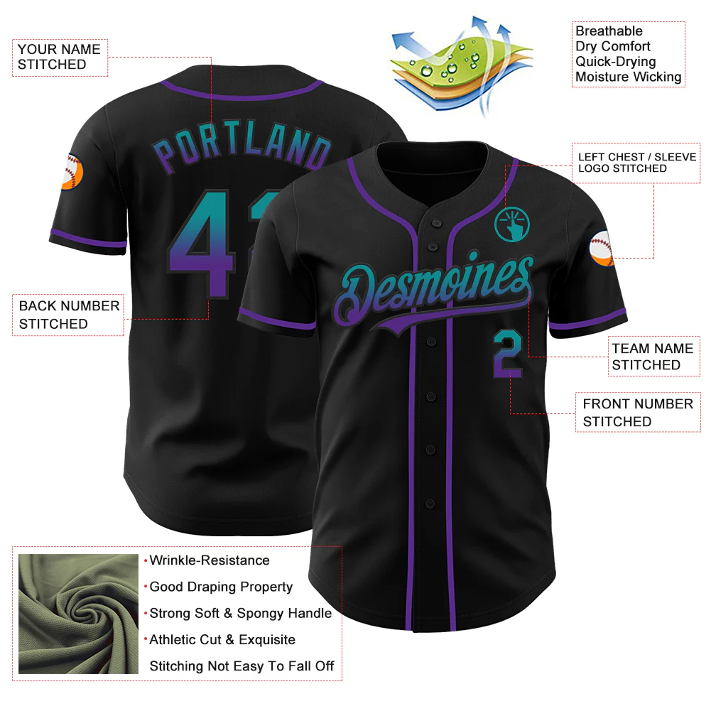 Custom Black Teal-Purple Authentic Fade Fashion Baseball Jersey - Image 3