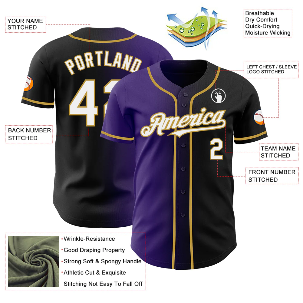 Custom Black White Purple-Old Gold Authentic Gradient Fashion Baseball Jersey - Image 3