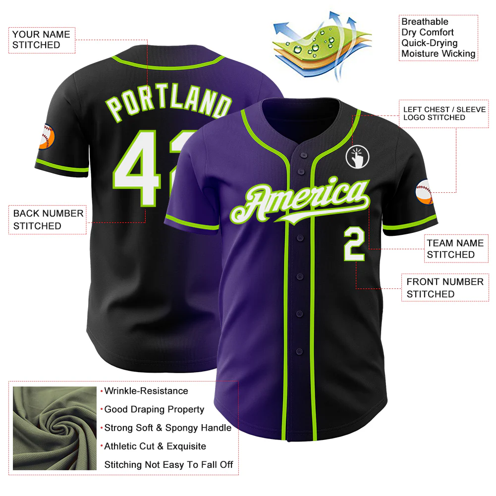 Custom Black White Purple-Neon Green Authentic Gradient Fashion Baseball Jersey - Image 3