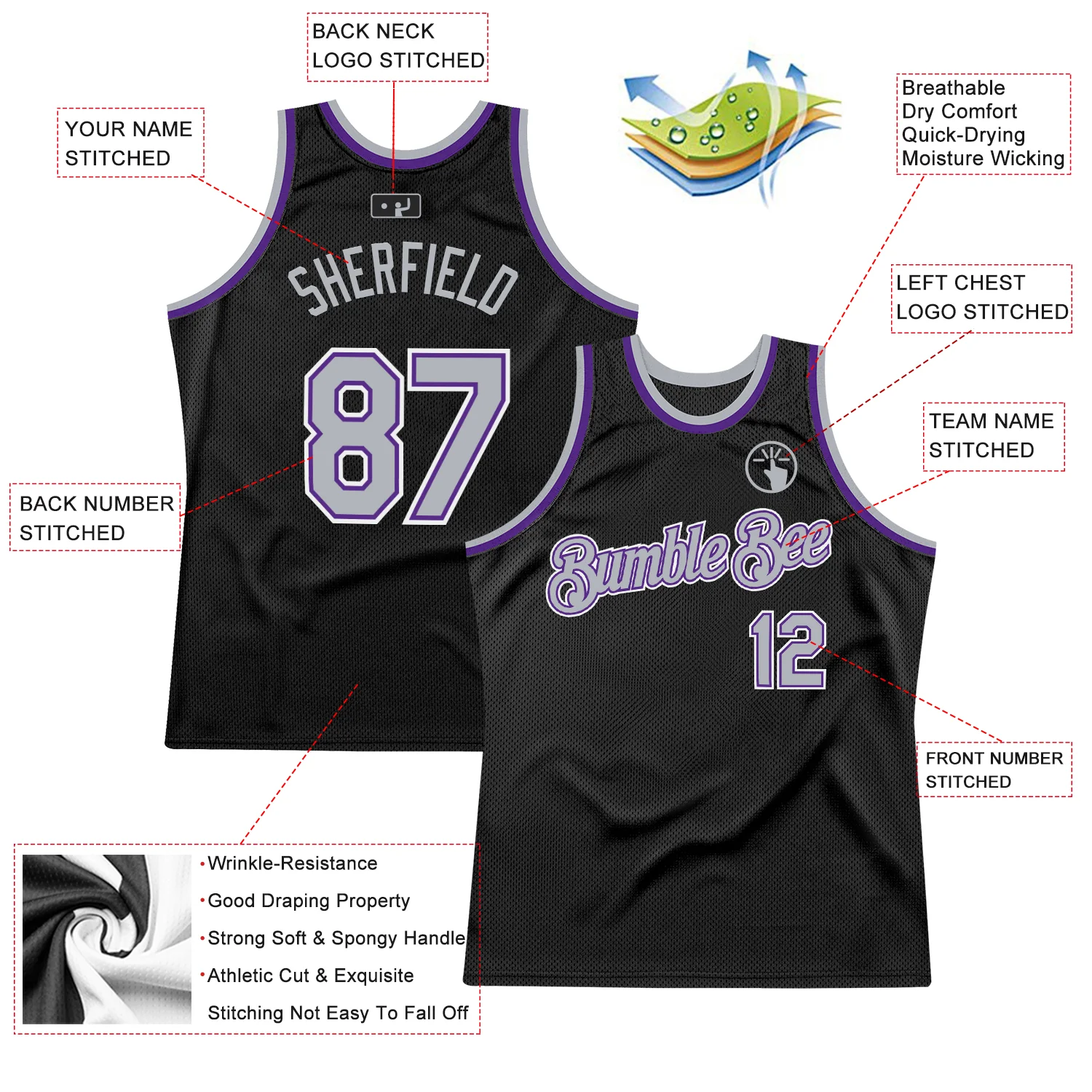 Custom Black Gray-Purple Authentic Throwback Basketball Jersey - Image 2