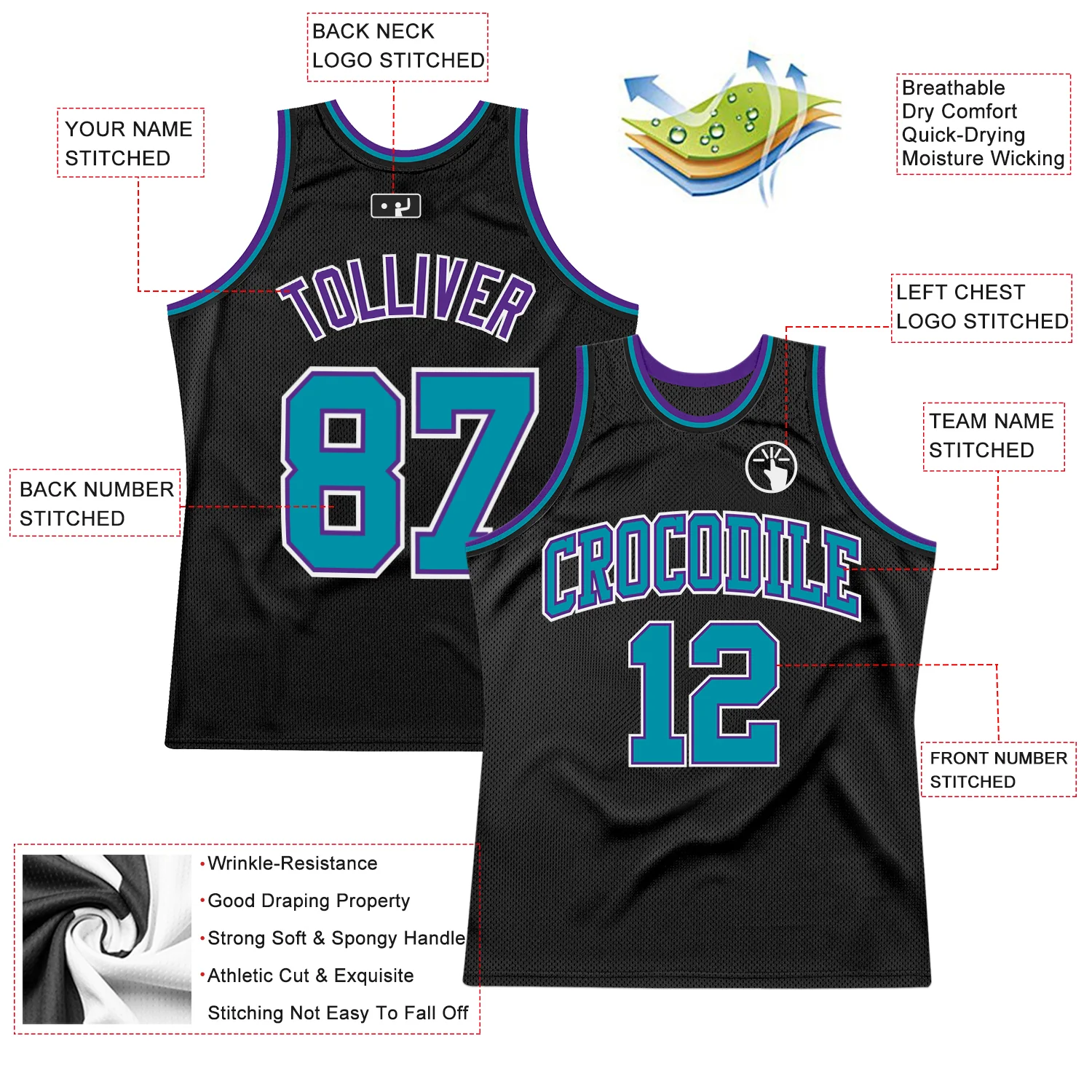 Custom Black Teal Purple-White Authentic Throwback Basketball Jersey - Image 2