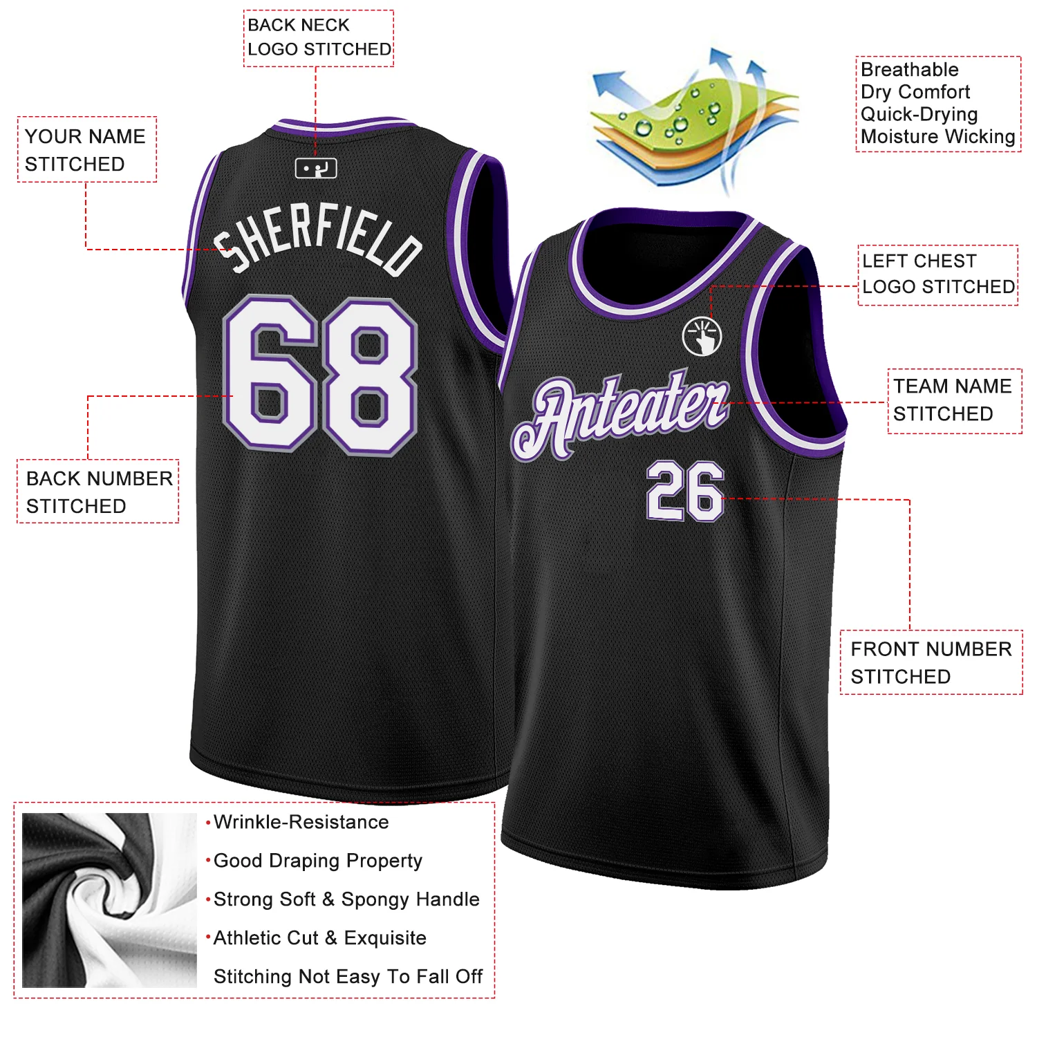 Custom Black White Purple-Gray Authentic Basketball Jersey - Image 2