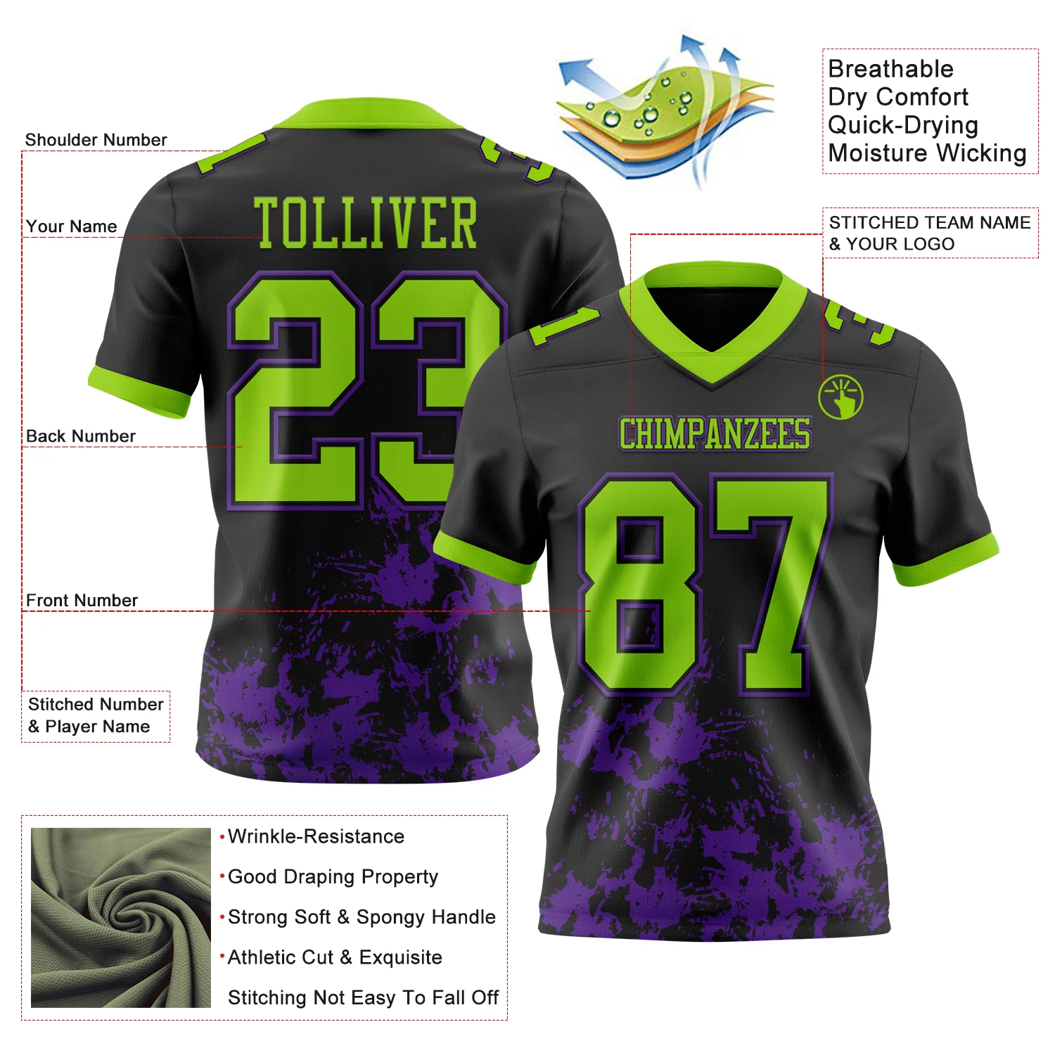 Custom Black Neon Green-Purple 3D Pattern Splash Authentic Football Jersey - Image 3