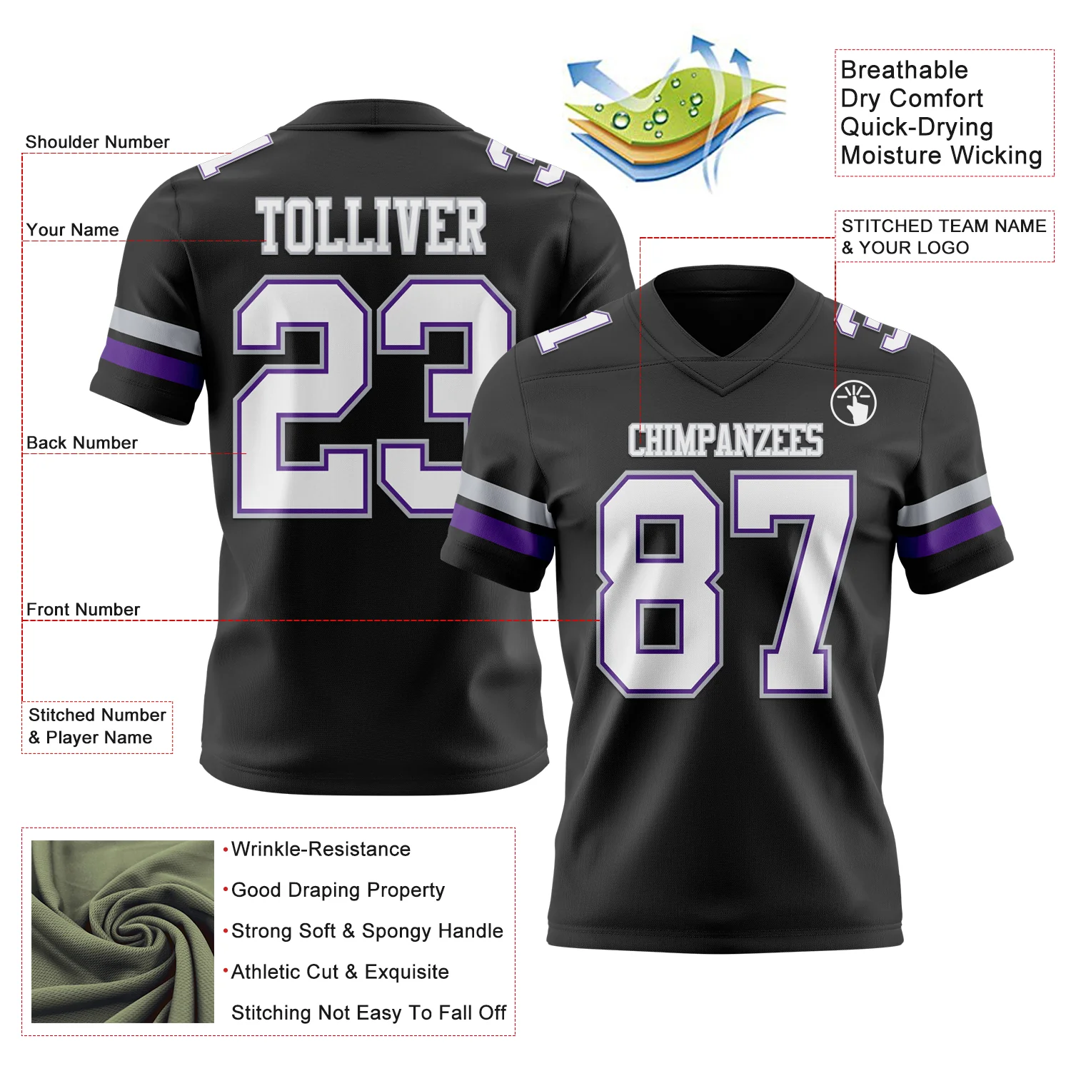 Custom Black White Purple-Gray Authentic Football Jersey - Image 3