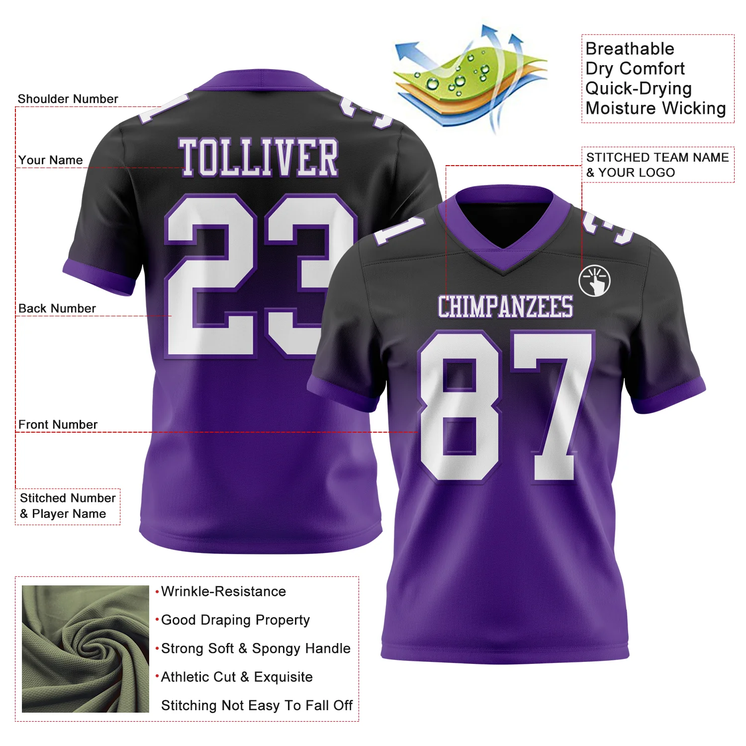 Custom Black White-Purple Authentic Fade Fashion Football Jersey - Image 2