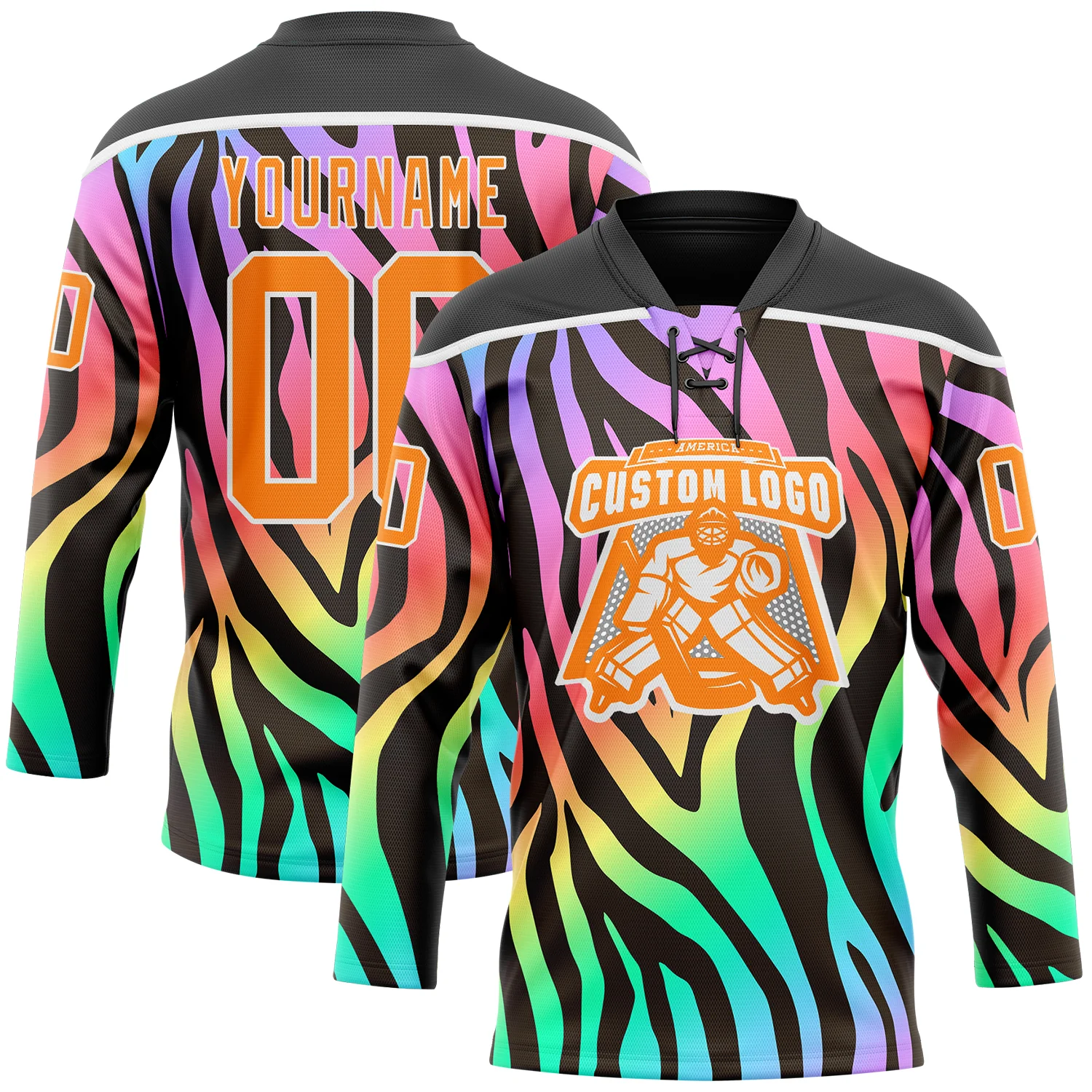 Custom Black Bay Orange Purple Pink Green-White Zebra Print Neon Hockey Lace Neck Jersey - Image 2