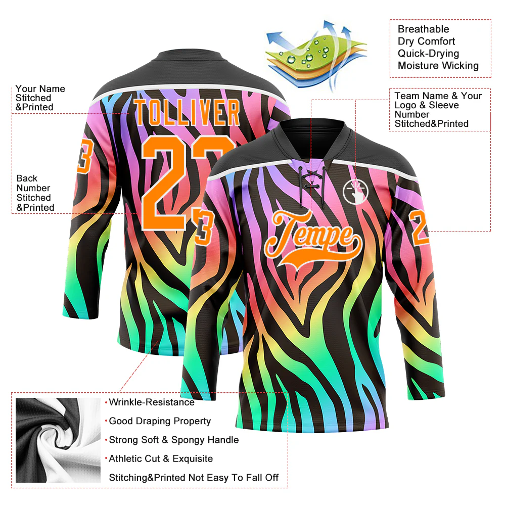 Custom Black Bay Orange Purple Pink Green-White Zebra Print Neon Hockey Lace Neck Jersey - Image 5