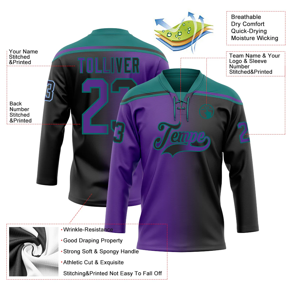 Custom Black Purple-Teal Gradient Fashion Hockey Lace Neck Jersey - Image 5