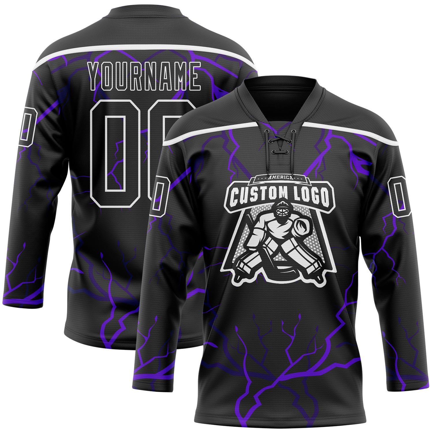 Custom Black Purple-White Lightning Hockey Lace Neck Jersey - Image 2