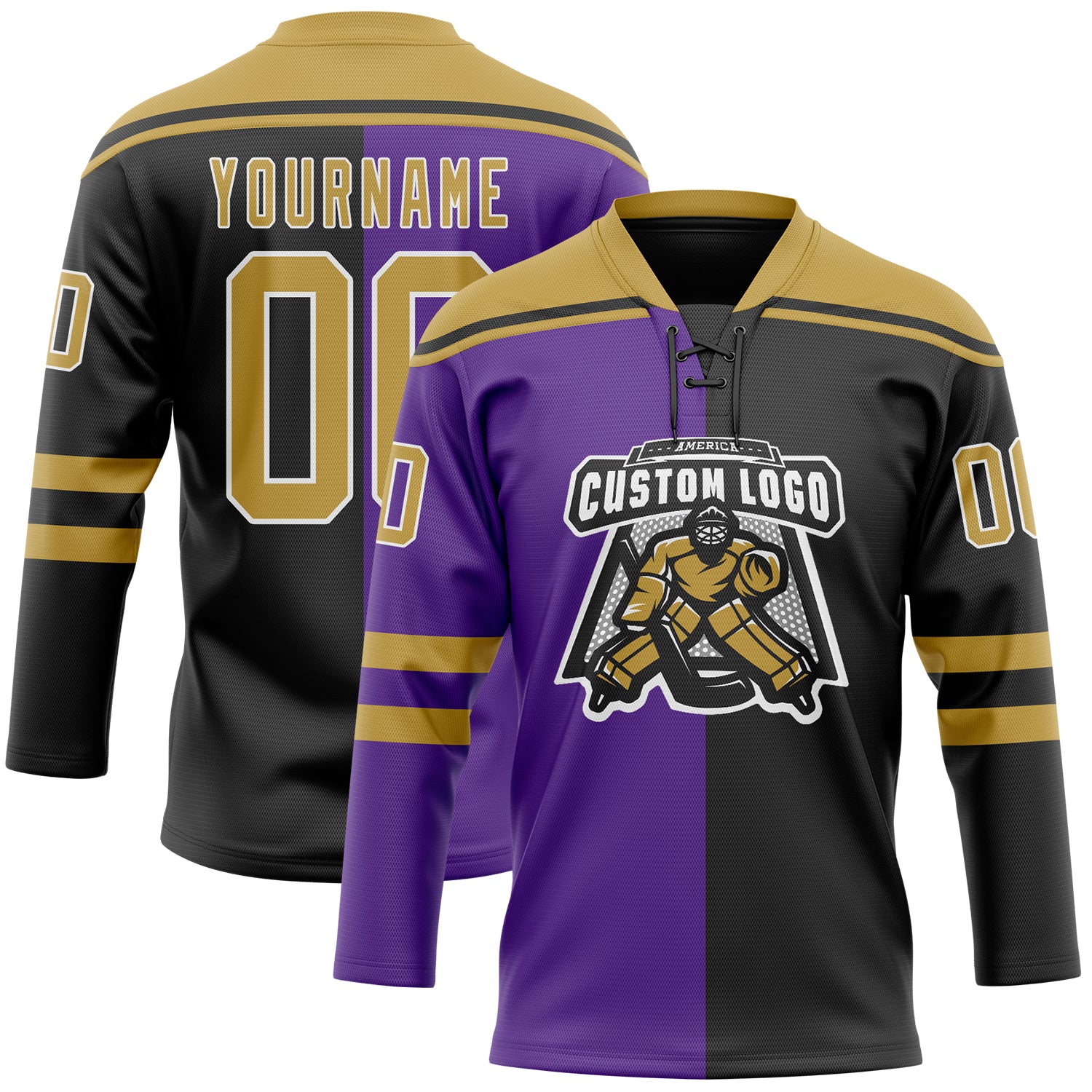 Custom Black Old Gold Purple-White Split Fashion Hockey Lace Neck Jersey - Image 2