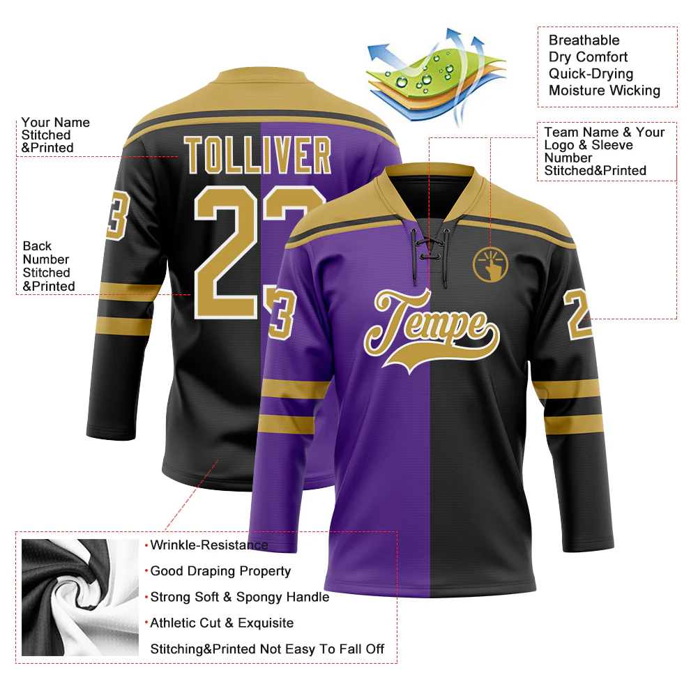 Custom Black Old Gold Purple-White Split Fashion Hockey Lace Neck Jersey - Image 5