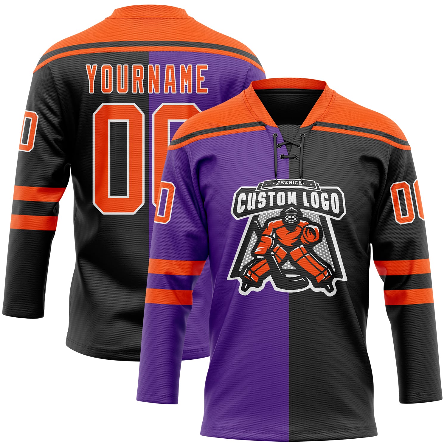 Custom Black Orange Purple-White Split Fashion Hockey Lace Neck Jersey - Image 2