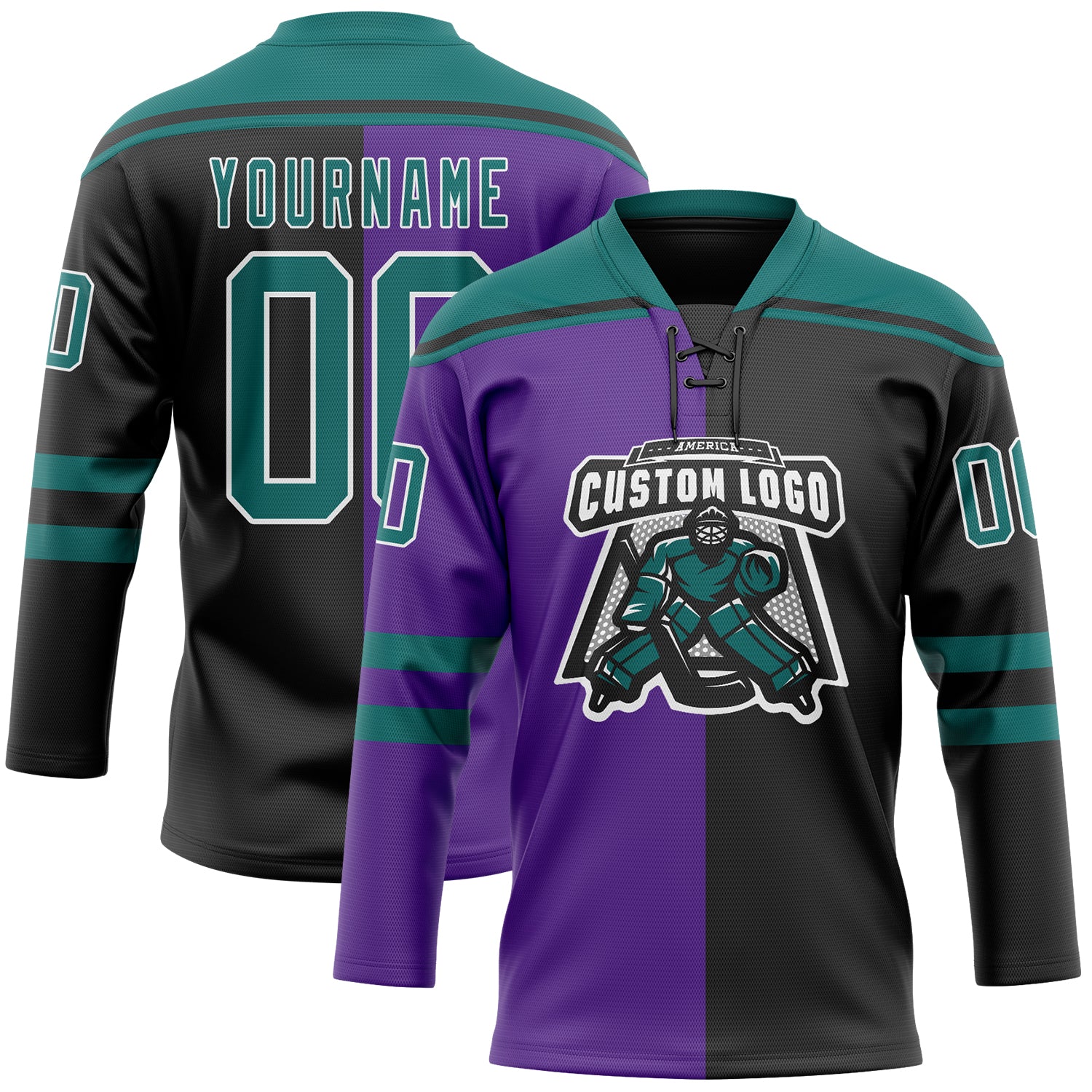 Custom Black Teal Purple-White Split Fashion Hockey Lace Neck Jersey - Image 2