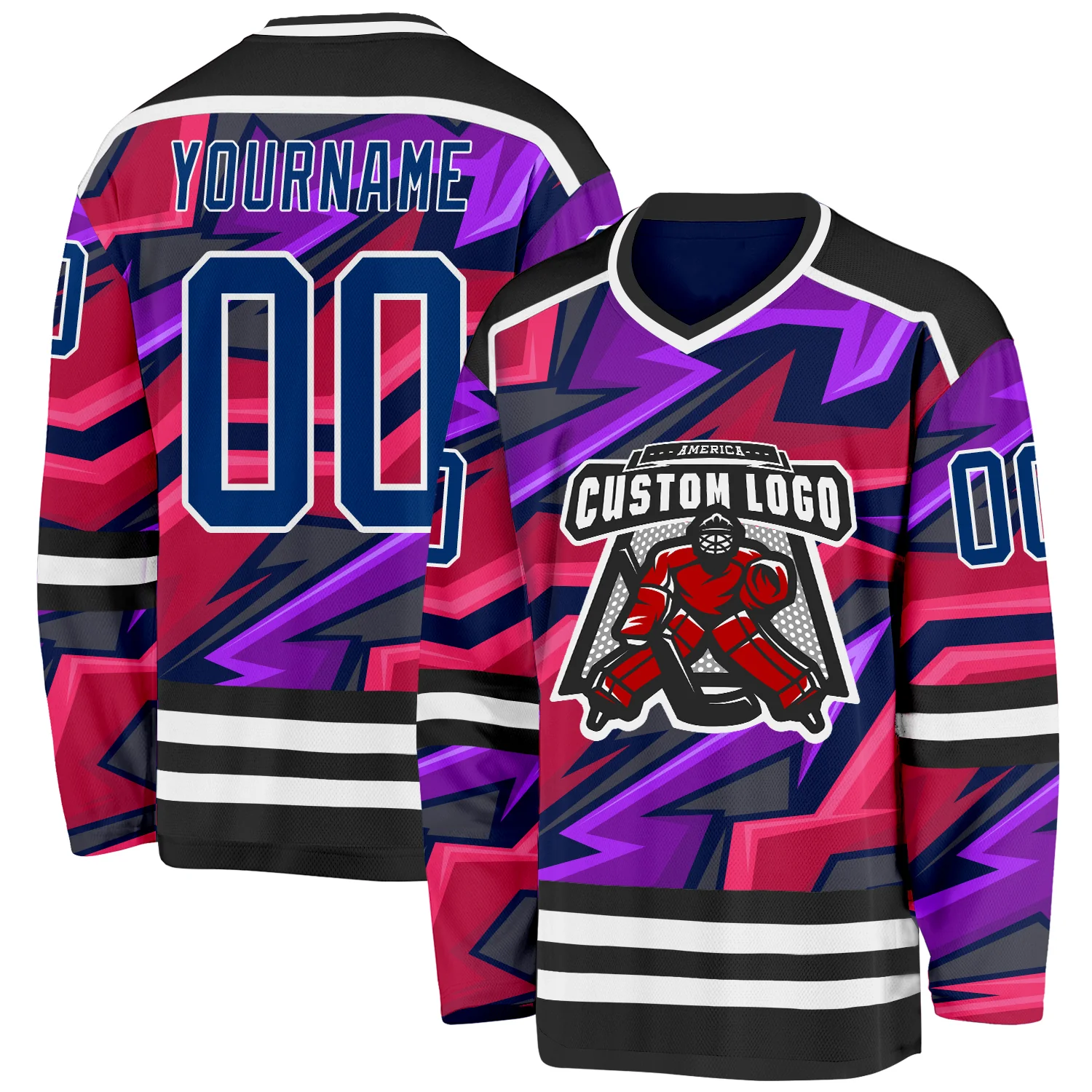 Custom Black US Navy Blue Purple Pink-White Cyber Mecha E-sport Hockey Jersey - Image 2