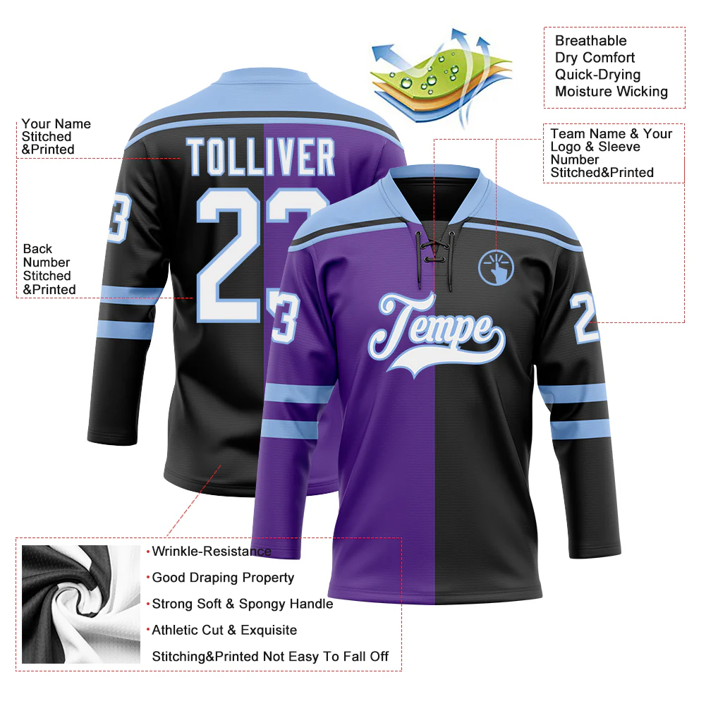 Custom Black White Purple-Light Blue Split Fashion Hockey Lace Neck Jersey - Image 5