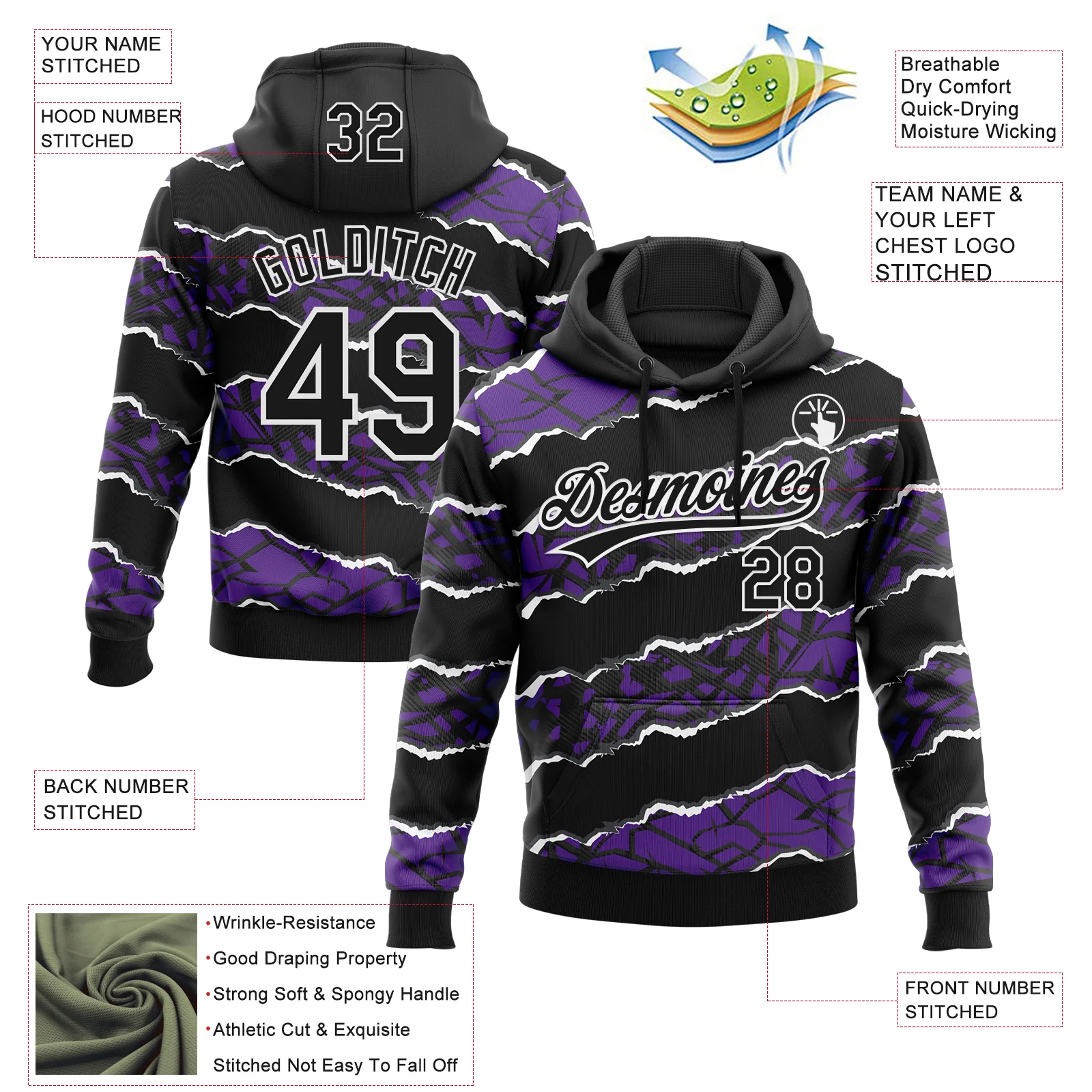 Custom Stitched Black Purple-White 3D Pattern Design Torn Paper Style Sports Pullover Sweatshirt Hoodie - Image 2