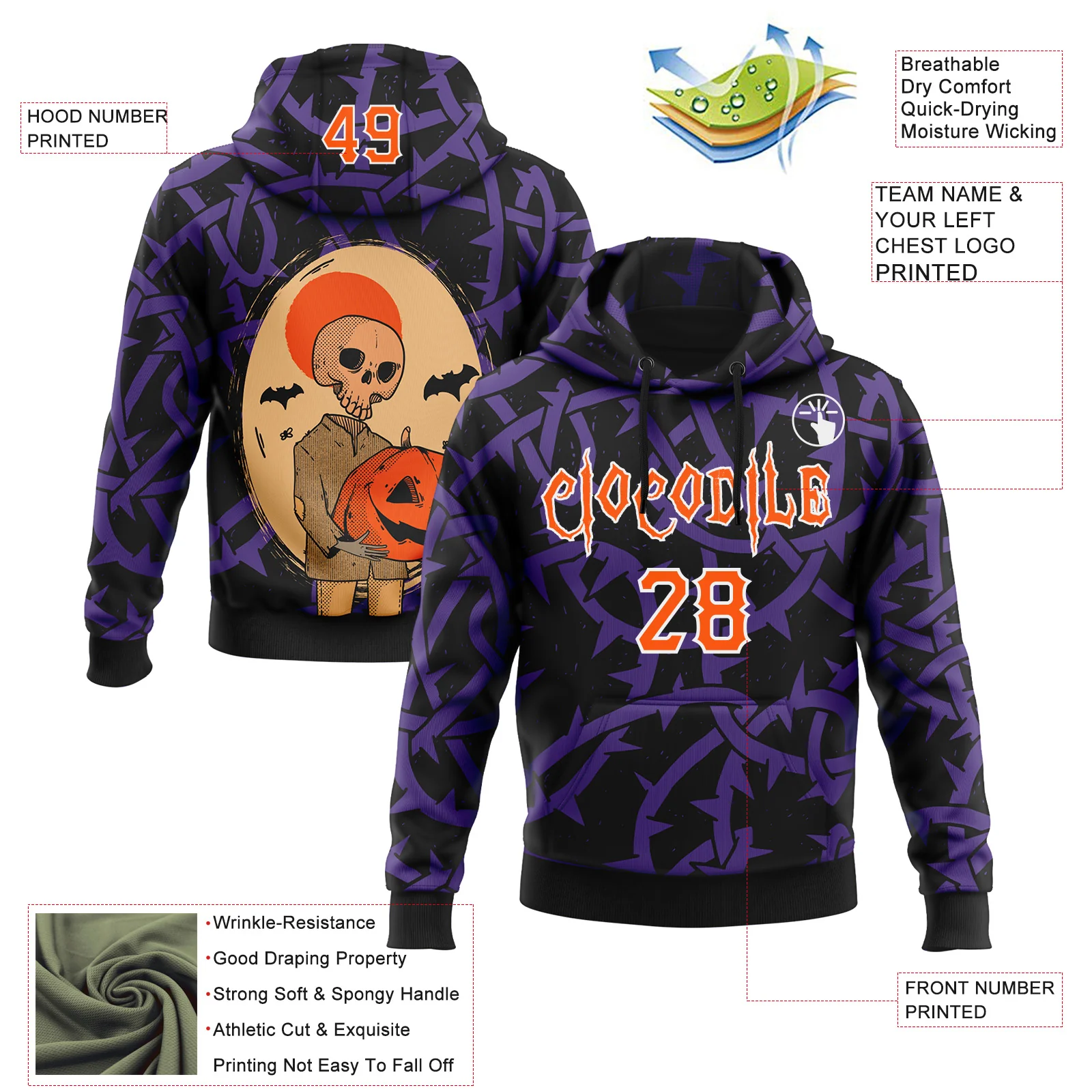 Custom Black Orange Purple-White 3D Halloween Skull Pumpkin Party Costume Ideas Sports Pullover Sweatshirt Hoodie - Image 2
