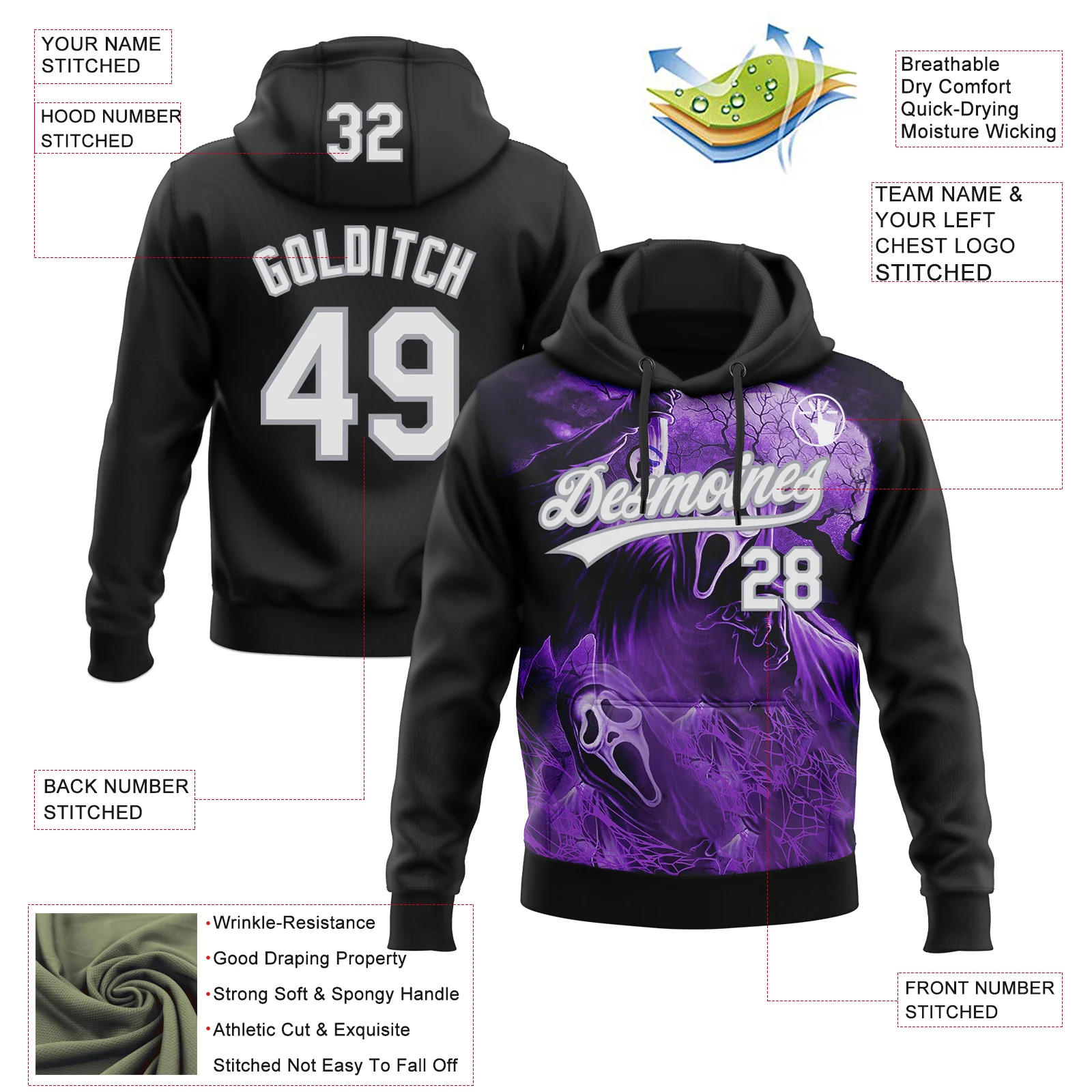 Custom Stitched Black White Purple-Gray Skull Pattern Pullover Sweatshirt Hoodie - Image 4