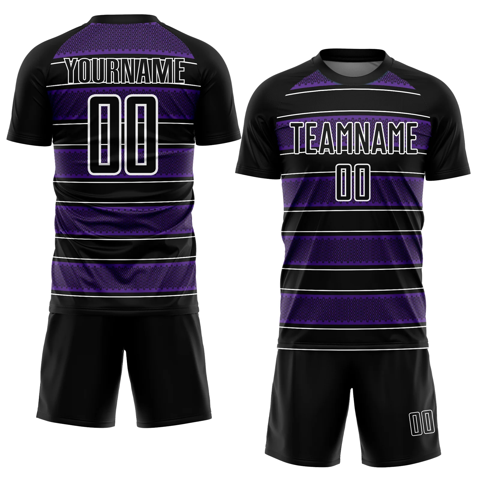 Custom Black Purple-White Geometric Shapes And Line Sublimation Soccer Uniform Jersey - Image 2