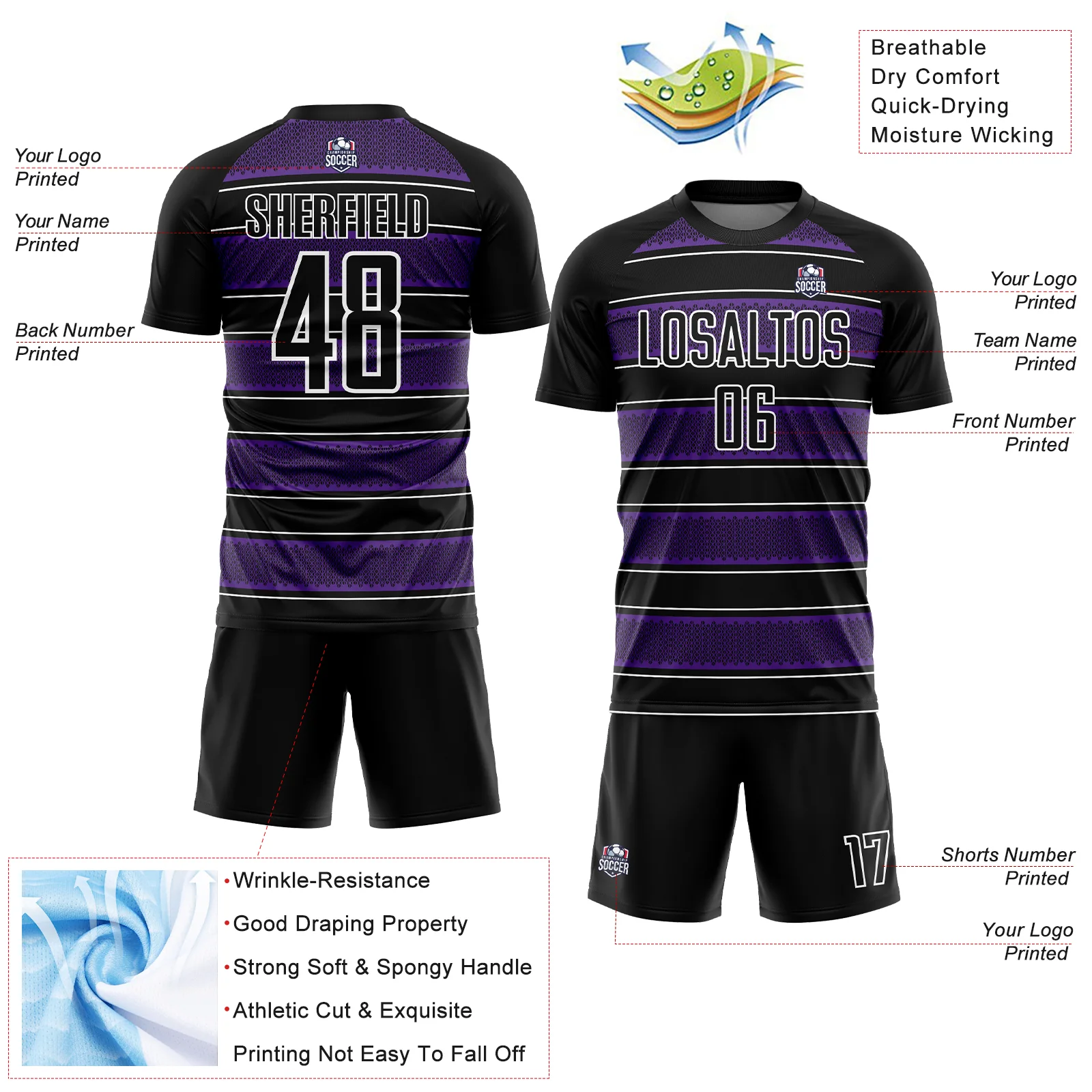 Custom Black Purple-White Geometric Shapes And Line Sublimation Soccer Uniform Jersey - Image 4