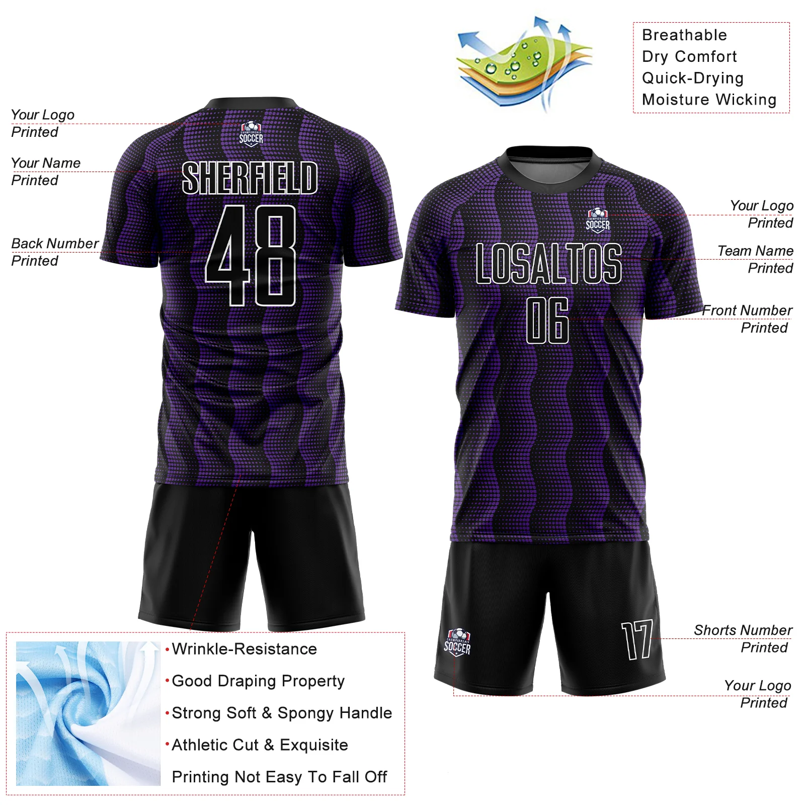 Custom Black Purple-White Geometric Shape Sublimation Soccer Uniform Jersey - Image 4