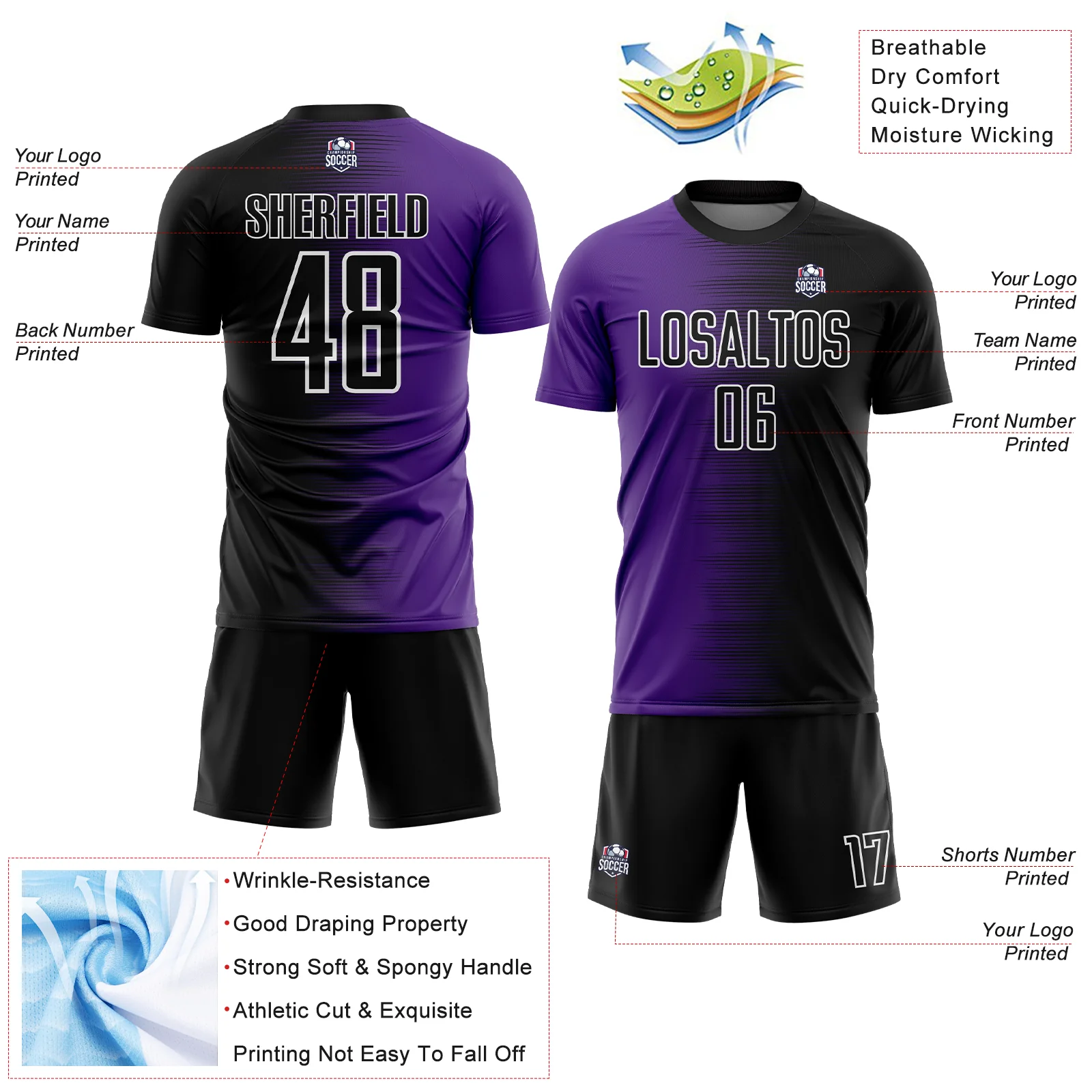 Custom Black Purple-White Gradient Line Sublimation Soccer Uniform Jersey - Image 4