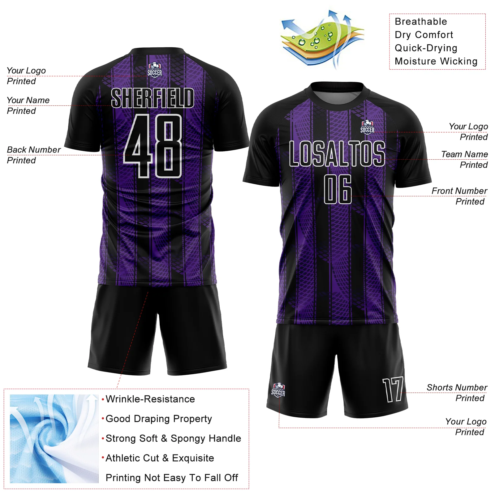 Custom Black Purple-White Abstract Network Sublimation Soccer Uniform Jersey - Image 4