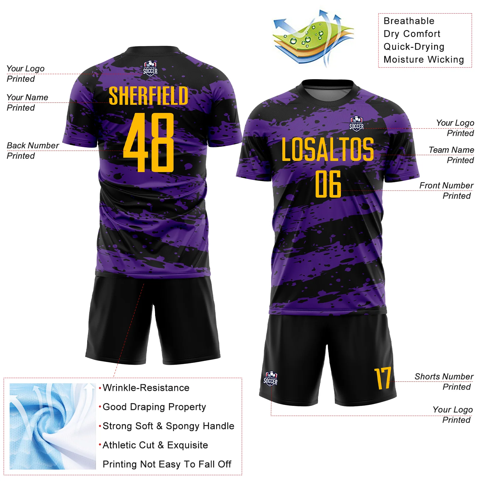 Custom Black Gold-Purple Splash Sublimation Soccer Uniform Jersey - Image 4