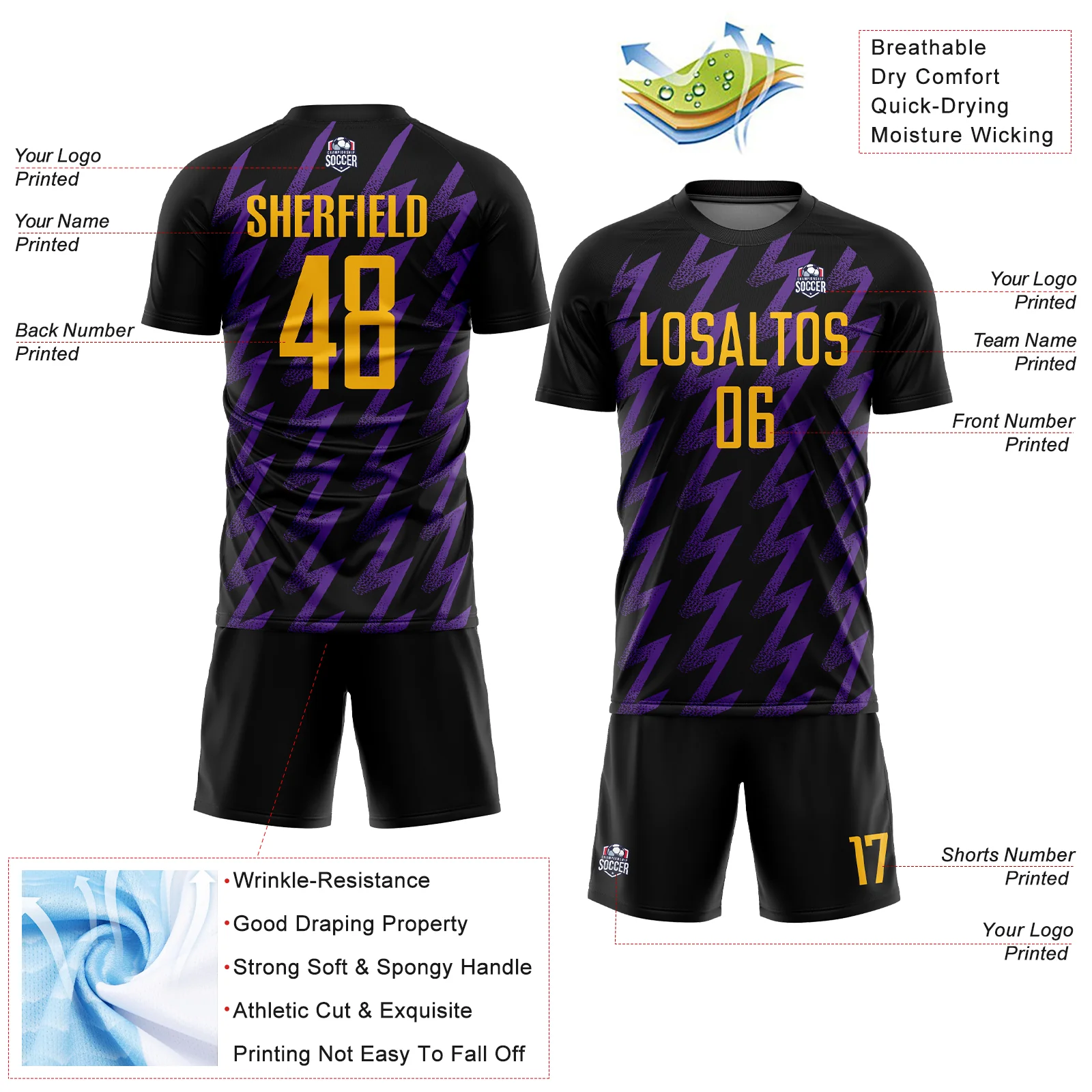 Custom Black Gold-Purple Zigzag Shape Sublimation Soccer Uniform Jersey - Image 4