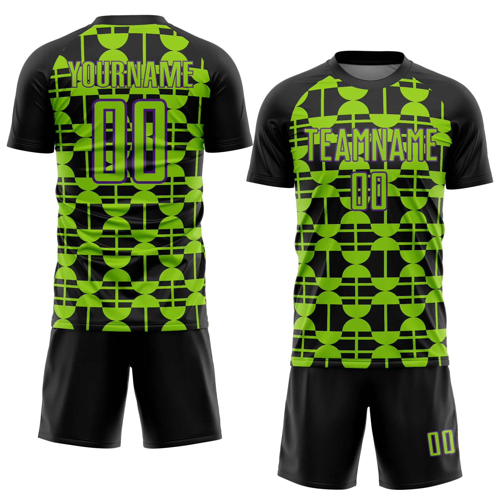 Custom Black Neon Green-Purple Geometric Shapes Sports Sublimation Soccer Uniform Jersey - Image 2