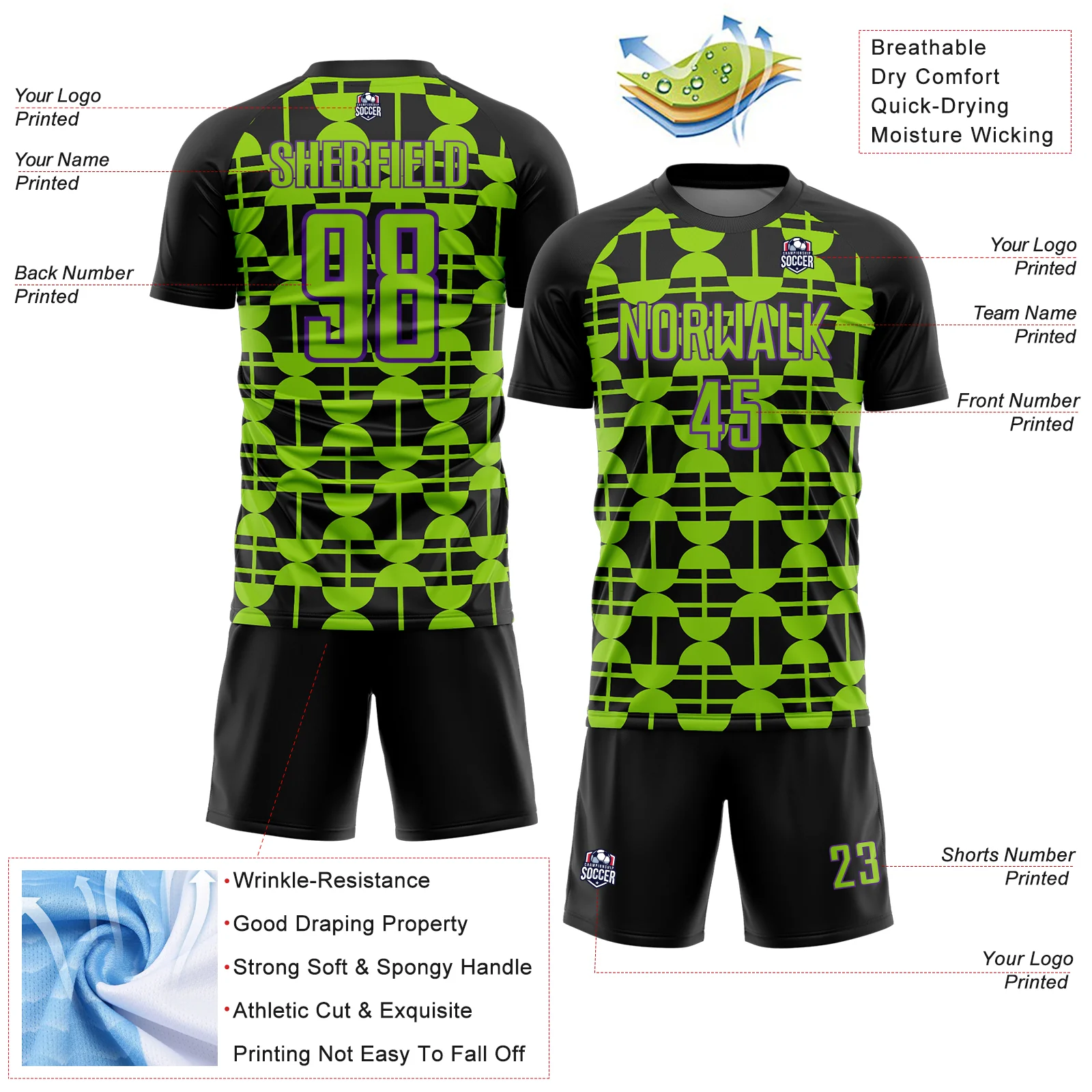 Custom Black Neon Green-Purple Geometric Shapes Sports Sublimation Soccer Uniform Jersey - Image 4